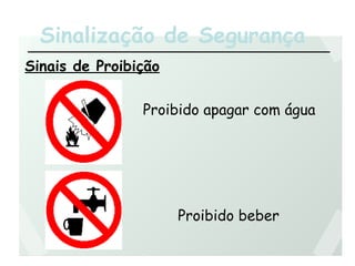 Sinalização de Segurança
Sinais de Proibição
Proibido apagar com água
Proibido beber
 