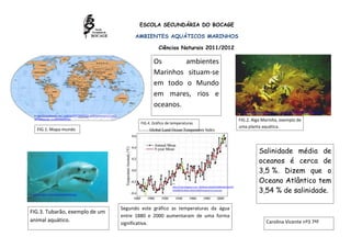 -222885-290830ESCOLA SECUNDÁRIA DO BOCAGE<br />AMBIENTES AQUÁTICOS MARINHOS<br />6351270467360-3375660455930Ciências Naturais 2011/2012<br />Os ambientes Marinhos situam-se em todo o Mundo em mares, rios e oceanos.<br />                                          <br />FIG.4. Gráfico de temperaturasFIG.2. Alga Marinha, exemplo de uma planta aquática.In: http://jornalagronegocios.com.br/wp-content/uploads/2010/08/algas_marinhas.jpg In: http://1.bp.blogspot.com/_ma8ACyL2GTk/TNKkDZqQwNI/AAAAAAAAAYc/vF1qKiyt-Xg/s1600/mapa_mundo%5B1%5D.jpg <br />FIG.1. Mapa-mundo-1040130375285<br />In: http://3.bp.blogspot.com/_bbdlOygs1WQ/SUkI68JEwbI/AAAAAAAABS0/0m0xZg-4Gy0/s400/temperatura-nasa.jpg In: http://tubaroes.com.sapo.pt/greatwhite3.jpg -2625090313055Salinidade média de oceanos é cerca de 3,5 %. Dizem que o Oceano Atlântico tem 3,54 % de salinidade.Carolina Vicente nº3 7ºFSegundo este gráfico as temperaturas da água entre 1880 e 2000 aumentaram de uma forma significativa.FIG.3. Tubarão, exemplo de um animal aquático.<br />
