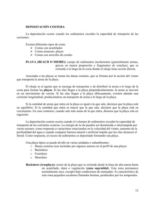 DEPOSITACIÓN COSTERA

       La depositación ocurre cuando los sedimentos exceden la capacidad de transporte de las
corrientes.

       Existen diferentes tipos de costa:
           Costas con acantilados
           Costas arenosas: playas
           Costas con arrecifes de corales

       PLAYA (BEACH O SHORE): cuerpo de sedimentos incoherentes (generalmente arenas,
                       gravas en menor proporción y fragmentos de conchas), que se
                       extiende a lo largo de la costa donde el oleaje tiene acción directa.

       Asociadas a las playas se tienen las dunas costeras, que se forman por la acción del viento
que transporta la arena de la playa.

       El oleaje es el agente que se encarga de transportar y de distribuir la arena a lo largo de la
costa para formar las playas. Si las olas llegan a la playa perpendicularmente, la arena se moverá
en un movimiento de vaivén. Si las olas llegan a la playa oblicuamente, existirá además una
corriente longitudinal, produciéndose un transporte de arena a lo largo de la playa.

       Si la cantidad de arena que entra en la playa es igual a la que sale, decimos que la playa está
en equilibrio. Si la cantidad que entra es mayor que la que sale, decimos que la playa está en
crecimiento. En caso contrario, cuando sale más arena de la que entra, diremos que la playa está en
regresión.

         La depositación costera ocurre cuando el volumen de sedimentos exceden la capacidad de
transporte de las corrientes costeras. La energía de la ola pueden ser disminuida o interrumpida por
varias razones: como respuesta a variaciones estacionales en la velocidad del viento, aumento de la
profundidad del agua o cuando cualquier barrera natural o artificial impide que las olas alcancen el
litoral. Como respuesta, el exceso de sedimentos es depositado formando una playa.

       Una playa típica se puede dividir en varias unidades o subambientes:
          o Dunas costeras (son incluidas por algunos autores en el perfil de una playa)
          o Backshore
          o Foreshore
          o Shoreface

       Backshore (trasplaya): sector de la playa que se extiende desde la línea de alta marea hasta
                  un acantilado, duna o vegetación (zona supratidal). Esta zona permanece
                  normalmente seca, excepto bajo condiciones de marejadas. Es característico de
                  esta zona pequeños escalones llamados bermas, producidos por los temporales.




                                                                                                   12
 