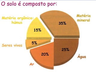 O solo é composto por:
Matéria orgânica:
húmus

35%

Matéria
mineral

15%

Seres vivos

5%
20%
Ar

25%
Água

 