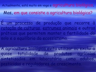 Actualmente, está muito em voga a

agricultura biológica.

Mas, em que consiste a agricultura biológica?
É um processo de produção que recorre à
rotação de culturas, estrumes animais e outras
práticas que permitem manter a fertilidade do
solo e o equilíbrio do ecossistema.
A agricultura biológica evita utilizar ou exclui a
quase totalidade de produtos agrícolas
sintetizados em laboratório como adubos,
pesticidas e reguladores de crescimento.

 