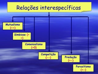 Relações interespecíficas
Mutualismo
(++)
Simbiose (+
+)
Comensalismo
(+0)
Competição
(--)

Predação
(+-)
Parasitismo
(+-)

 