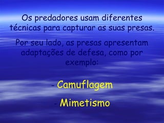 Os predadores usam diferentes
técnicas para capturar as suas presas.
Por seu lado, as presas apresentam
adaptações de defesa, como por
exemplo:
-

Camuflagem

-

Mimetismo

 