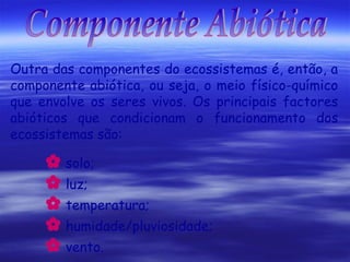 Outra das componentes do ecossistemas é, então, a
componente abiótica, ou seja, o meio físico-químico
que envolve os seres vivos. Os principais factores
abióticos que condicionam o funcionamento dos
ecossistemas são:

 solo;
 luz;
 temperatura;
 humidade/pluviosidade;
 vento.

 