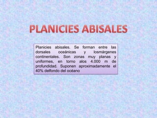 Planicies abisales. Se forman entre las
dorsales     oceánicas  y   losmárgenes
continentales. Son zonas muy planas y
uniformes, en torno alos 4.000 m de
profundidad. Suponen aproximadamente el
40% delfondo del océano
 