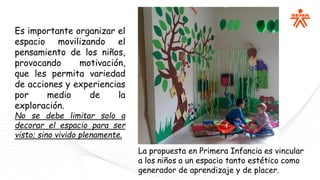Es importante organizar el
espacio movilizando el
pensamiento de los niños,
provocando motivación,
que les permita variedad
de acciones y experiencias
por medio de la
exploración.
No se debe limitar solo a
decorar el espacio para ser
visto; sino vivido plenamente.
La propuesta en Primera Infancia es vincular
a los niños a un espacio tanto estético como
generador de aprendizaje y de placer.
 