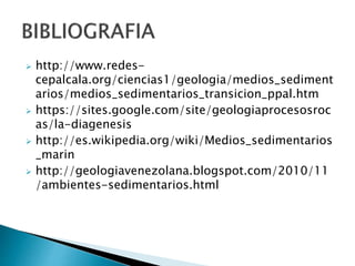  http://www.redes-cepalcala. 
org/ciencias1/geologia/medios_sediment 
arios/medios_sedimentarios_transicion_ppal.htm 
 https://sites.google.com/site/geologiaprocesosroc 
as/la-diagenesis 
 http://es.wikipedia.org/wiki/Medios_sedimentarios 
_marin 
 http://geologiavenezolana.blogspot.com/2010/11 
/ambientes-sedimentarios.html 
 