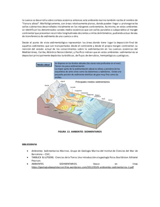 la cuenca se desarrolla sobre corteza oceánica entonces este ambiente marino también recibe el nombre de
"llanura abisal". Morfológicamente, son áreas relativamente planas, donde pueden llegar a prolongarse los
valles submarinos desarrollados inicialmente en los márgenes continentales. Asimismo, en estos ambientes
se identifican los denominados canales medio-oceánicos que son valles paralelos o subparalelos al margen
continental que presentan recorridos longitudinales decientos a miles dekilómetros,pudiendo actuar devías
de transferencia de sedimento de una cuenca a otra.
Desde el punto de vista sedimentológico representan las áreas donde tiene lugar la deposición final de
aquellos sedimentos que son transportados desde el continente y desde el propio margen continental. La
revisión del estado actual de los conocimientos sobre la sedimentación en las cuencas oceánicas del
Mediterráneo, Caribe, Atlántico Noroccidental, y Pacífico indican que en estos ambientes sedimentarios se
depositan principalmente depósitos turbidíticos, de flujos de derrubios, hemipelágicos y pelágicos.
FIGURA 13. AMBIENTES SEDIMENTARIOS
BIBLIOGRAFIA
 Ambientes Sedimentarios Marinos. Grupo de Geología Marina del Institut de Ciencies del Mar de
Barcelona – CSIC.
 TARBUCK & LUTGENS. Ciencias dela Tierra.Una introducción alageología física.8va Edicion.Editorial
Pearson.
 AMBIENTES SEDIMENTARIOS. Vease en línea
https://geologiadeexplotacion.files.wordpress.com/2012/03/6-ambientes-sedimentarios-1.pdf
 