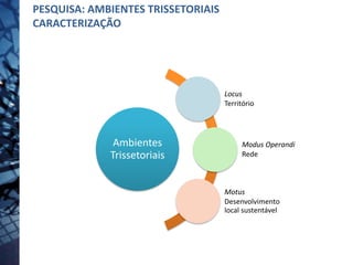Ambientes
Trissetoriais
Locus
Território
Modus Operandi
Rede
Motus
Desenvolvimento
local sustentável
PESQUISA: AMBIENTES TRISSETORIAIS
CARACTERIZAÇÃO
 