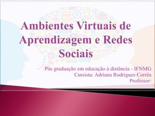 Pós graduação em educação à distância - IFNMG
Cursista: Adriana Rodrigues Corrêa
Professor:
 