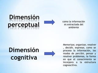 Dimensión    como la información
perceptual    es extractada del
                  ambiente




             Memorizar, organizar, resolver
             , decidir, expresar, como se
Dimensión    procesa la información, los
             modos de percibir, pensar y

cognitiva    resolver problemas, la forma
             en que el conocimiento se
             incorpora a la estructura
             cognoscitiva.
 