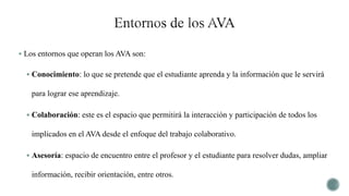  Los entornos que operan los AVA son:
 Conocimiento: lo que se pretende que el estudiante aprenda y la información que le servirá
para lograr ese aprendizaje.
 Colaboración: este es el espacio que permitirá la interacción y participación de todos los
implicados en el AVA desde el enfoque del trabajo colaborativo.
 Asesoría: espacio de encuentro entre el profesor y el estudiante para resolver dudas, ampliar
información, recibir orientación, entre otros.
 