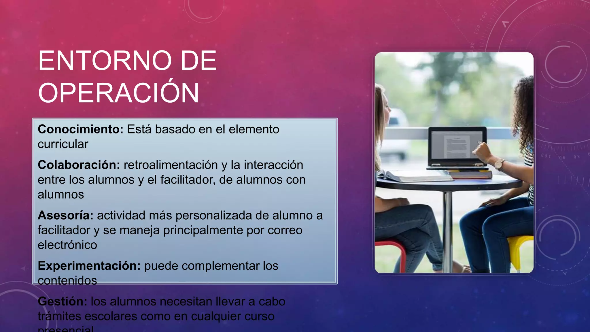 ENTORNO DE
OPERACIÓN
Conocimiento: Está basado en el elemento
curricular
Colaboración: retroalimentación y la interacción
entre los alumnos y el facilitador, de alumnos con
alumnos
Asesoría: actividad más personalizada de alumno a
facilitador y se maneja principalmente por correo
electrónico
Experimentación: puede complementar los
contenidos
Gestión: los alumnos necesitan llevar a cabo
trámites escolares como en cualquier curso
 