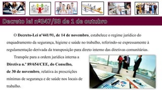 O Decreto-Lei nº441/91, de 14 de novembro, estabelece o regime jurídico do
enquadramento da segurança, higiene e saúde no trabalho, referindo-se expressamente à
regulamentação derivada da transposição para direto interno das diretivas comunitárias.
Transpõe para a ordem jurídica interna a
Diretiva n.º 89/654/CEE, do Conselho,
de 30 de novembro, relativa às prescrições
mínimas de segurança e de saúde nos locais de
trabalho.
 