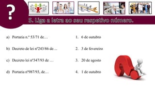 a) Portaria n.º 53/71 de…
b) Decreto de lei nº243/86 de…
c) Decreto lei nº347/93 de …
d) Portaria nº987/93, de…
1. 6 de outubro
2. 3 de fevereiro
3. 20 de agosto
4. 1 de outubro
 