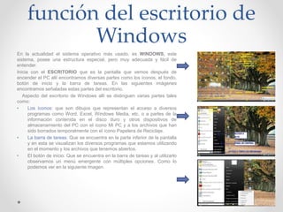 función del escritorio de
Windows
En la actualidad el sistema operativo más usado, es WINDOWS, este
sistema, posee una estructura especial, pero muy adecuada y fácil de
entender.
Inicia con el ESCRITORIO que es la pantalla que vemos después de
encender el PC allí encontramos diversas partes como los íconos, el fondo,
botón de inicio y la barra de tareas. En las siguientes imágenes
encontramos señaladas estas partes del escritorio.
Aspecto del escritorio de Windows allí se distinguen varias partes tales
como:
• Los íconos: que son dibujos que representan el acceso a diversos
programas como Word, Excel, Windows Media, etc. o a partes de la
información contenida en el disco duro y otros dispositivos de
almacenamiento del PC con el ícono Mi PC y a los archivos que han
sido borrados temporalmente con el ícono Papelera de Reciclaje.
• La barra de tareas: Que se encuentra en la parte inferior de la pantalla
y en esta se visualizan los diversos programas que estamos utilizando
en el momento y los archivos que tenemos abiertos.
• El botón de inicio: Que se encuentra en la barra de tareas y al utilizarlo
observamos un menú emergente con múltiples opciones. Como lo
podemos ver en la siguiente imagen
 