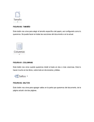 FIGURA 80. TAMAÑO 
Este botón nos sirve para elegir el tamaño específico del papel y así configurarlo como lo 
queramos. Se puede hacer en todas las secciones del documento o en la actual. 
FIGURA 81. COLUMNAS 
Este botón nos sirve cuando queremos dividir el texto en dos o más columnas. Esto lo 
hacen mucho en los libros, sobre todo en diccionarios y biblias. 
FIGURA 82. SALTOS 
Este botón nos sirve para agregar saltos en la parte que queramos del documento, de la 
página actual o de dos páginas. 
 