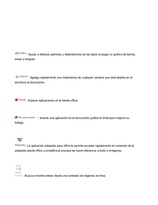 : Ayuda a detectar patrones y detendencias de los datos al pegar un grafico de barras, 
areas o lenguas. 
:Agrega rapidamente una instantanea de cualquier ventana que este abierta en el 
escritorio al documento. 
: Explore aplicaciones en la tienda office. 
: Inserte una aplicación en el documento yutilize la Web para mejorar su 
trabajo. 
: La aplicación wikipedia para office le permite acceder rapidamente al contenido de la 
wikipedia desde office y simplifica el proceso de hacer referencia a texto e imágenes. 
: Busca e inserta videos desde una variedad de origenes en linea. 
 