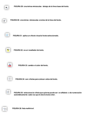 FIGURA 29: crea letras minúsculas debajo de la línea base del texto. 
FIGURA 30: crea letras minúsculas encima de la línea del texto. 
FIGURA 31: aplica un efecto visual al texto seleccionado. 
FIGURA 32: es un resaltador de texto. 
FIGURA 33: cambia el color del texto. 
FIGURA 34: son viñetas para colocar antes del texto. 
FIGURA 35: selecciona la viñeta que quieras puede ser en alfabeto o de numeración 
automáticamente cada vez que le des la tecla enter. 
FIGURA 36: lista multinivel 
 