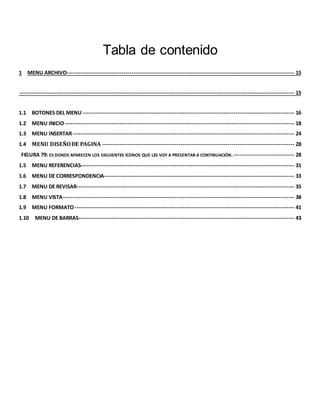 Tabla de contenido 
1 MENU ARCHIVO -------------------------------------------------------------------------------------------------------------------- 15 
-------------------------------------------------------------------------------------------------------------------------------------------- 15 
1.1 BOTONES DEL MENU ------------------------------------------------------------------------------------------------------------ 16 
1.2 MENU INICIO --------------------------------------------------------------------------------------------------------------------- 18 
1.3 MENU INSERTAR ----------------------------------------------------------------------------------------------------------------- 24 
1.4 MENU DISEÑO DE PAGINA -------------------------------------------------------------------------------------------------- 28 
FIGURA 79: ES DONDE APARECEN LOS SIGUIENTES ICONOS QUE LES VOY A PRESENTAR A CONTINUACIÓN. ------------------------------- 28 
1.5 MENU REFERENCIAS------------------------------------------------------------------------------------------------------------- 31 
1.6 MENU DE CORRESPONDENCIA ------------------------------------------------------------------------------------------------- 33 
1.7 MENU DE REVISAR --------------------------------------------------------------------------------------------------------------- 35 
1.8 MENU VISTA ---------------------------------------------------------------------------------------------------------------------- 38 
1.9 MENU FORMATO ---------------------------------------------------------------------------------------------------------------- 41 
1.10 MENU DE BARRAS-------------------------------------------------------------------------------------------------------------- 43 
 