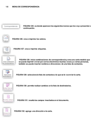 1.6 MENU DE CORRESPONDENCIA 
FIGURA 125: es donde aparecen los siguientes iconos que les voy a presentar a 
continuación. 
FIGURA 126: crea o imprime los sobres. 
FIGURA 127: crea o imprime etiquetas. 
FIGURA 128: inicia combinaciones de correspondencia y crea una carta modelo que 
se pueda imprimir enviar por correo electrónico muchas veces y a varias personas, 
también se puede insertar nombres o direcciones de una lista de contactos. 
FIGURA 129: selecciona la lista de contactos a la que se le va enviar la carta. 
FIGURA 130: permite realizar cambios en la lista de destinatarios. 
FIGURA 131: resalta los campos insertados en el documento. 
FIGURA 132: agrega una dirección a la carta. 
 
