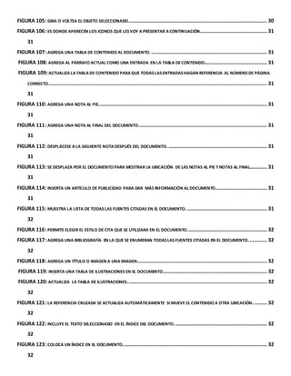 FIGURA 105: GIRA O VOLTEA EL OBJETO SELECCIONADO. ................................................................................................ 30 
FIGURA 106: ES DONDE APARECEN LOS ICONOS QUE LES VOY A PRESENTAR A CONTINUACIÓN............................................... 31 
31 
FIGURA 107: AGREGA UNA TABLA DE CONTENIDO AL DOCUMENTO. ................................................................................. 31 
FIGURA 108: AGREGA AL PÁRRAFO ACTUAL COMO UNA ENTRADA EN LA TABLA DE CONTENIDO............................................ 31 
FIGURA 109: ACTUALIZA LA TABLA DE CONTENIDO PARA QUE TODAS LAS ENTRADAS HAGAN REFERENCIA AL NÚMERO DE PÁGINA 
CORRECTO. ........................................................................................................................................................ 31 
31 
FIGURA 110: AGREGA UNA NOTA AL PIE. ..................................................................................................................... 31 
31 
FIGURA 111: AGREGA UNA NOTA AL FINAL DEL DOCUMENTO. ......................................................................................... 31 
31 
FIGURA 112: DESPLÁCESE A LA SIGUIENTE NOTA DESPUÉS DEL DOCUMENTO. ..................................................................... 31 
31 
FIGURA 113: SE DESPLAZA POR EL DOCUMENTO PARA MOSTRAR LA UBICACIÓN DE LAS NOTAS AL PIE Y NOTAS AL FINAL............ 31 
31 
FIGURA 114: INSERTA UN ARTÍCULO DE PUBLICIDAD PARA DAR MÁS INFORMACIÓN AL DOCUMENTO. ................................... 31 
31 
FIGURA 115: MUESTRA LA LISTA DE TODAS LAS FUENTES CITADAS EN EL DOCUMENTO. ........................................................ 31 
32 
FIGURA 116: PERMITE ELEGIR EL ESTILO DE CITA QUE SE UTILIZARA EN EL DOCUMENTO. ....................................................... 32 
FIGURA 117: AGREGA UNA BIBLIOGRAFÍA EN LA QUE SE ENUMERAN TODAS LAS FUENTES CITADAS EN EL DOCUMENTO. ............ 32 
32 
FIGURA 118: AGREGA UN TÍTULO O IMAGEN A UNA IMAGEN. .......................................................................................... 32 
FIGURA 119: INSERTA UNA TABLA DE ILUSTRACIONES EN EL DOCUMENTO......................................................................... 32 
FIGURA 120: ACTUALIZA LA TABLA DE ILUSTRACIONES. ................................................................................................. 32 
32 
FIGURA 121: LA REFERENCIA CRUZADA SE ACTUALIZA AUTOMÁTICAMENTE SI MUEVE EL CONTENIDO A OTRA UBICACIÓN. ......... 32 
32 
FIGURA 122: INCLUYE EL TEXTO SELECCIONADO EN EL ÍNDICE DEL DOCUMENTO. ................................................................ 32 
32 
FIGURA 123: COLOCA UN ÍNDICE EN EL DOCUMENTO. .................................................................................................... 32 
32 
 