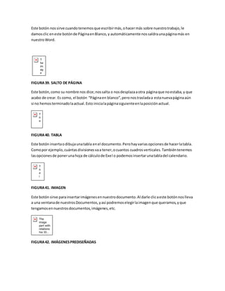 Este botón nos sirve cuando tenemos que escribir más, o hacer más sobre nuestro trabajo, le 
damos clic en este botón de Página en Blanco, y automáticamente nos saldra una página más en 
nuestro Word. 
FIGURA 39. SALTO DE PÁGINA 
Este botón, como su nombre nos dice; nos salta o nos desplaza a otra página que no estaba, y que 
acabo de crear. Es como, el botón “Página en blanco”, pero nos traslada a esta nueva página aún 
si no hemos terminado la actual. Esto inicia la página siguiente en la posición actual. 
FIGURA 40. TABLA 
Este botón inserta o dibuja una tabla en el documento. Pero hay varias opciones de hacer la tabla. 
Como por ejemplo, cuántas divisiones va a tener, o cuantos cuadros verticales. También tenemos 
las opciones de poner una hoja de cálculo de Exel o podemos insertar una tabla del calendario. 
FIGURA 41. IMAGEN 
Este botón sirve para insertar imágenes en nuestro documento. Al darle clic a este botón nos lleva 
a una ventana de nuestros Documentos, y así podremos elegir la imagen que queramos, y que 
tengamos en nuestros documentos, imágenes, etc. 
FIGURA 42. IMÁGENES PREDISEÑADAS 
 