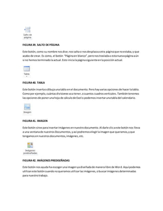 FIGURA 39. SALTO DE PÁGINA 
Este botón, como su nombre nos dice; nos salta o nos desplaza a otra página que no estaba, y que 
acabo de crear. Es como, el botón “Página en blanco”, pero nos traslada a esta nueva página aún 
si no hemos terminado la actual. Esto inicia la página siguiente en la posición actual. 
FIGURA 40. TABLA 
Este botón inserta o dibuja una tabla en el documento. Pero hay varias opciones de hacer la tabla. 
Como por ejemplo, cuántas divisiones va a tener, o cuantos cuadros verticales. También tenemos 
las opciones de poner una hoja de cálculo de Exel o podemos insertar una tabla del calendario. 
FIGURA 41. IMAGEN 
Este botón sirve para insertar imágenes en nuestro documento. Al darle clic a este botón nos lleva 
a una ventana de nuestros Documentos, y así podremos elegir la imagen que queramos, y que 
tengamos en nuestros documentos, imágenes, etc. 
FIGURA 42. IMÁGENES PREDISEÑADAS 
Este botón nos ayuda ha escoger una imagen ya diseñada de manera libre de Word. Aquí podemos 
utilizar este botón cuando no queramos utilizar las imágenes, o buscar imágenes determinadas 
para nuestro trabajo. 
 