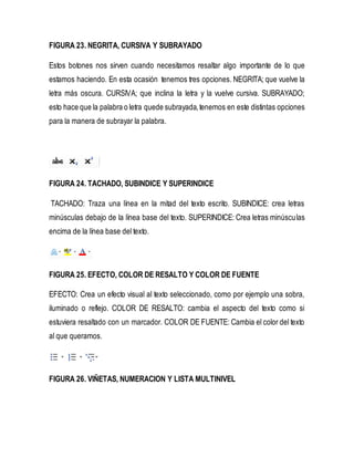 FIGURA 23. NEGRITA, CURSIVA Y SUBRAYADO 
Estos botones nos sirven cuando necesitamos resaltar algo importante de lo que 
estamos haciendo. En esta ocasión tenemos tres opciones. NEGRITA; que vuelve la 
letra más oscura. CURSIVA; que inclina la letra y la vuelve cursiva. SUBRAYADO; 
esto hace que la palabra o letra quede subrayada, tenemos en este distintas opciones 
para la manera de subrayar la palabra. 
FIGURA 24. TACHADO, SUBINDICE Y SUPERINDICE 
TACHADO: Traza una línea en la mitad del texto escrito. SUBINDICE: crea letras 
minúsculas debajo de la línea base del texto. SUPERINDICE: Crea letras minúsculas 
encima de la línea base del texto. 
FIGURA 25. EFECTO, COLOR DE RESALTO Y COLOR DE FUENTE 
EFECTO: Crea un efecto visual al texto seleccionado, como por ejemplo una sobra, 
iluminado o reflejo. COLOR DE RESALTO: cambia el aspecto del texto como si 
estuviera resaltado con un marcador. COLOR DE FUENTE: Cambia el color del texto 
al que queramos. 
FIGURA 26. VIÑETAS, NUMERACION Y LISTA MULTINIVEL 
 