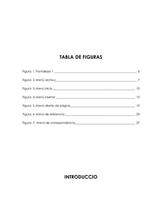 TABLA DE FIGURAS 
Figura 1. Pantallazo 1 ____________________________________________________ 6 
Figura 2. Menú archivo ___________________________________________________ 7 
Figura 3. Menú inicio ____________________________________________________ 10 
Figura 4. Menú insertar __________________________________________________ 15 
Figura 5. Menú diseño de página_________________________________________ 19 
Figura 6. Menú de referencia ____________________________________________ 23 
Figura 7. Menú de correspondencia______________________________________ 27 
INTRODUCCIO 
 