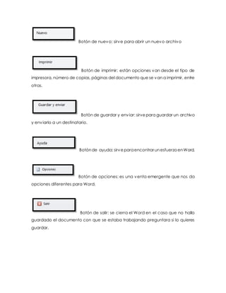 Botón de nuevo: sirve para abrir un nuevo archivo 
Botón de imprimir: están opciones van desde el tipo de 
impresora, número de copias, páginas del documento que se van a imprimir, entre 
otras. 
Botón de guardar y enviar: sirve para guardar un archivo 
y enviarlo a un destinatario. 
Botón de ayuda: sirve para encontrar un esfuerzo en Word. 
Botón de opciones: es una venta emergente que nos da 
opciones diferentes para Word. 
Botón de salir: se cierra el Word en el caso que no halla 
guardado el documento con que se estaba trabajando preguntara si lo quieres 
guardar. 
 