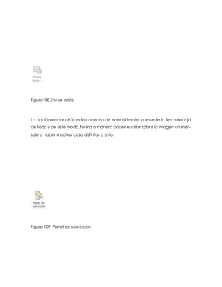 Figura108.Enviar atrás 
La opción enviar atrás es lo contrario de traer al frente, pues este lo lleva debajo 
de todo y de este modo, forma o manera poder escribir sobre la imagen un men-saje 
o hacer muchas cosa distintas a esto. 
Figura 109. Panel de selección 
 