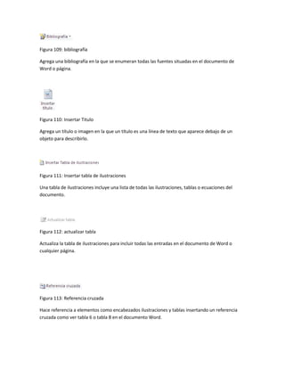 Figura 109: bibliografía 
Agrega una bibliografía en la que se enumeran todas las fuentes situadas en el documento de 
Word o página. 
Figura 110: Insertar Titulo 
Agrega un título o imagen en la que un título es una línea de texto que aparece debajo de un 
objeto para describirlo. 
Figura 111: Insertar tabla de ilustraciones 
Una tabla de ilustraciones incluye una lista de todas las ilustraciones, tablas o ecuaciones del 
documento. 
Figura 112: actualizar tabla 
Actualiza la tabla de ilustraciones para incluir todas las entradas en el documento de Word o 
cualquier página. 
Figura 113: Referencia cruzada 
Hace referencia a elementos como encabezados ilustraciones y tablas insertando un referencia 
cruzada como ver tabla 6 o tabla 8 en el documento Word. 
 