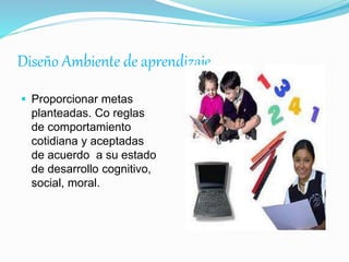 Diseño Ambiente de aprendizaje 
 Proporcionar metas 
planteadas. Co reglas 
de comportamiento 
cotidiana y aceptadas 
de acuerdo a su estado 
de desarrollo cognitivo, 
social, moral. 
 