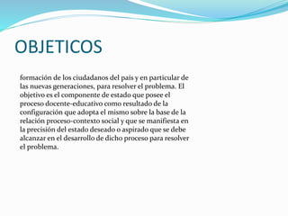 OBJETICOS 
formación de los ciudadanos del país y en particular de 
las nuevas generaciones, para resolver el problema. El 
objetivo es el componente de estado que posee el 
proceso docente-educativo como resultado de la 
configuración que adopta el mismo sobre la base de la 
relación proceso-contexto social y que se manifiesta en 
la precisión del estado deseado o aspirado que se debe 
alcanzar en el desarrollo de dicho proceso para resolver 
el problema. 
 