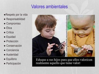 Valores ambientales
●Respeto por la vida
● Responsabilidad
● Compromiso
● Ética
● Crítica
● Equidad
● Protección
● Conservación
● Conciencia
● Austeridad
● Equilibrio
● Participación
 
