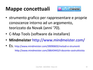 Mappe concettuali strumento grafico per rappresentare e proprie conoscenze intorno ad un argomento, teorizzato da Novak (anni '70). C-Map Tools (software da installare) Mindmeister   http://www.mindmeister.com/ Es.  http://www.mindmeister.com/39090603/metodi-e-strumenti http://www.mindmeister.com/38643443/il-docente-costruttivista Livia Petti - 26/2/2010 - Classi 2.0 