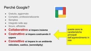 Perché Google?
● Gratuito, aggiornato
● Completo, professionalizzante
● Semplice
● Integrato nelle app
● Sicuro, affidabile
● Collaborativo si impara insieme
● Costruttivo si impara costruendo il
sapere
● Connettivo si impara in un ambiente
reticolare, caotico, (serendipity)
queste sono le
caratteristiche
principali
dell’apprendimento in
rete
 