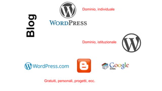 Blog
Dominio, individuale
Dominio, istituzionale
Gratuiti, personali, progetti, ecc.
 