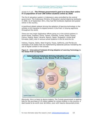 Ambient Insight's 2012 Learning Technology Research Taxonomy, Research Methodology,
                         Product Definitions, and Licensing Model


access to it yet. The Chinese government's goal is to have their entire
K-12 population of over 200 million students online by 2020.

The Pre-K education system in Indonesia is also controlled by the central
government. The Indonesian Ministry of Education started digitizing textbooks
in 2008. As of September 2011, they had 942 textbooks digitized and posted
online in the country.

A significant global catalyst driving the adoption of learning technology in the
schools is the migration to digital content in the PreK-12 buying segments
throughout the world.

There are now major digitization efforts going on in the school systems in
South Korea, Thailand, China, Taiwan, Australia, Turkey, Brazil, Russia,
France, Poland, Spain, Ukraine, Mexico, Japan, Singapore, United Arab
Emirates (UAE), and in various school systems in the UK and the US.

Indiana, Virginia, Idaho, West Virginia, Texas, California, and Florida are
examples of US states that are implementing statewide policies mandating the
use of digital content in the schools.

Figure 4 – International Catalysts Driving Adoption of Learning Technology in
the Global PreK-12 Segment




Obviously, this is a boon to device makers. The Turkish government is seeking
bids for the purchase of 15 million tablets for school children in the country, a
deal touted to be worth over $6 billion, even with heavily-discounted prices.




For more information about this research, email: info@ambientinsight.com    13
 