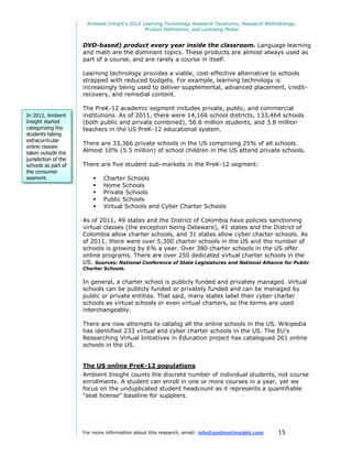 Ambient Insight's 2012 Learning Technology Research Taxonomy, Research Methodology,
                                               Product Definitions, and Licensing Model


                      DVD-based) product every year inside the classroom. Language learning
                      and math are the dominant topics. These products are almost always used as
                      part of a course, and are rarely a course in itself.

                      Learning technology provides a viable, cost-effective alternative to schools
                      strapped with reduced budgets. For example, learning technology is
                      increasingly being used to deliver supplemental, advanced placement, credit-
                      recovery, and remedial content.

                      The PreK-12 academic segment includes private, public, and commercial
In 2012, Ambient      institutions. As of 2011, there were 14,166 school districts, 133,464 schools
Insight started       (both public and private combined), 56.6 million students, and 3.8 million
categorizing the      teachers in the US PreK-12 educational system.
students taking
extracurricular
                      There are 33,366 private schools in the US comprising 25% of all schools.
online classes
taken outside the     Almost 10% (5.5 million) of school children in the US attend private schools.
jurisdiction of the
schools as part of    There are five student sub-markets in the PreK-12 segment:
the consumer
segment.                     Charter Schools
                             Home Schools
                             Private Schools
                             Public Schools
                             Virtual Schools and Cyber Charter Schools

                      As of 2011, 49 states and the District of Colombia have policies sanctioning
                      virtual classes (the exception being Delaware), 41 states and the District of
                      Colombia allow charter schools, and 31 states allow cyber charter schools. As
                      of 2011, there were over 5,300 charter schools in the US and the number of
                      schools is growing by 6% a year. Over 380 charter schools in the US offer
                      online programs. There are over 250 dedicated virtual charter schools in the
                      US. Sources: National Conference of State Legislatures and National Alliance for Public
                      Charter Schools.

                      In general, a charter school is publicly funded and privately managed. Virtual
                      schools can be publicly funded or privately funded and can be managed by
                      public or private entities. That said, many states label their cyber charter
                      schools as virtual schools or even virtual charters, so the terms are used
                      interchangeably.

                      There are now attempts to catalog all the online schools in the US. Wikipedia
                      has identified 233 virtual and cyber charter schools in the US. The EU's
                      Researching Virtual Initiatives in Education project has catalogued 261 online
                      schools in the US.


                      The US online PreK-12 populations
                      Ambient Insight counts the discrete number of individual students, not course
                      enrollments. A student can enroll in one or more courses in a year, yet we
                      focus on the unduplicated student headcount as it represents a quantifiable
                      "seat license" baseline for suppliers.




                      For more information about this research, email: info@ambientinsight.com    15
 