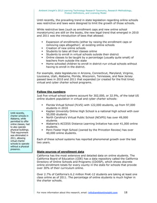 Ambient Insight's 2012 Learning Technology Research Taxonomy, Research Methodology,
                                               Product Definitions, and Licensing Model


                      Until recently, the prevailing trend in state legislation regarding online schools
                      was restrictive and laws were designed to limit the growth of those schools.

                      While restrictive laws (such as enrollment caps and new online school
                      moratoriums) are still on the books, the new legal trend that emerged in 2010
                      and 2011 was the introduction of laws that allowed:

                             Expansion of enrollments (either by raising the enrollment caps or
                              removing caps altogether) at existing online schools
                             Creation of new online schools
                             Students to take all their classes online
                             Students to enroll in virtual schools outside their district
                             Online classes to be taught by a percentage (usually quite small) of
                              teachers from outside the state
                             Home schooled children to enroll in district-run virtual schools without
                              having to enroll in the district.

                      For example, state legislatures in Arizona, Connecticut, Maryland, Virginia,
                      Louisiana, Utah, Alabama, Florida, Wisconsin, Tennessee, and New Jersey
                      passed laws in 2010 and 2011 that expanded (or created for the first time)
                      virtual and cyber charter school programs.


                      Follow the numbers
                      Just five virtual school systems account for 302,000, or 32.9%, of the total US
                      online student population in virtual and cyber charter schools:

                             Florida Virtual School (FLVS) with 122,000 students, up from 97,000
                              students in 2010
                             Kaplan University Online High School is a national high school with over
Until recently,
                              50,000 students
charter schools in
Alabama, while               North Carolina's Virtual Public School (NCVPS) has over 49,000
permitted to offer            students
online classes, had          Alabama's ACCESS Distance Learning Initiative has over 41,000 online
to also operate               students.
physical buildings.          Penn Foster High School (owned by the Princeton Review) has over
That requirement              40,000 online students.
was eliminated in
2011, allowing
                      Each of these school systems has reported phenomenal growth over the last
virtual charter
schools to operate
                      two years.
without a physical
presence.
                      State sources of enrollment data
                      California has the most extensive and detailed data on online students. The
                      California Board of Education (CDE) has a data repository called the California
                      Directory of Online Schools and Programs (CDOSP), which shows discrete
                      online enrollment totals for every county in the state for schools that provide
                      over 30% of their curriculum online.

                      Over 2.7% of California's 6.2 million PreK-12 students are taking at least one
                      class online as of 2011. The percentage of online students is much higher in
                      the charter schools.



                      For more information about this research, email: info@ambientinsight.com    18
 