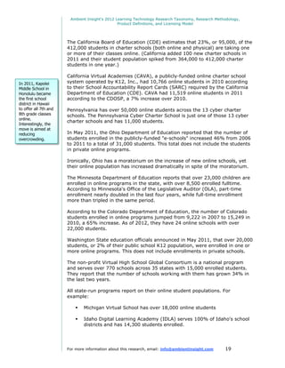 Ambient Insight's 2012 Learning Technology Research Taxonomy, Research Methodology,
                                                Product Definitions, and Licensing Model




                       The California Board of Education (CDE) estimates that 23%, or 95,000, of the
                       412,000 students in charter schools (both online and physical) are taking one
                       or more of their classes online. (California added 100 new charter schools in
                       2011 and their student population spiked from 364,000 to 412,000 charter
                       students in one year.)

                       California Virtual Academies (CAVA), a publicly-funded online charter school
In 2011, Kapolei       system operated by K12, Inc., had 10,766 online students in 2010 according
Middle School in       to their School Accountability Report Cards (SARC) required by the California
Honolulu became        Department of Education (CDE). CAVA had 11,519 online students in 2011
the first school       according to the CDOSP, a 7% increase over 2010.
district in Hawaii
to offer all 7th and   Pennsylvania has over 50,000 online students across the 13 cyber charter
8th grade classes      schools. The Pennsylvania Cyber Charter School is just one of those 13 cyber
online.
                       charter schools and has 11,000 students.
Interestingly, the
move is aimed at
reducing               In May 2011, the Ohio Department of Education reported that the number of
overcrowding.          students enrolled in the publicly-funded "e-schools" increased 46% from 2006
                       to 2011 to a total of 31,000 students. This total does not include the students
                       in private online programs.

                       Ironically, Ohio has a moratorium on the increase of new online schools, yet
                       their online population has increased dramatically in spite of the moratorium.

                       The Minnesota Department of Education reports that over 23,000 children are
                       enrolled in online programs in the state, with over 8,500 enrolled fulltime.
                       According to Minnesota's Office of the Legislative Auditor (OLA), part-time
                       enrollment nearly doubled in the last four years, while full-time enrollment
                       more than tripled in the same period.

                       According to the Colorado Department of Education, the number of Colorado
                       students enrolled in online programs jumped from 9,222 in 2007 to 15,249 in
                       2010, a 65% increase. As of 2012, they have 24 online schools with over
                       22,000 students.

                       Washington State education officials announced in May 2011, that over 20,000
                       students, or 2% of their public school K12 population, were enrolled in one or
                       more online programs. This does not include enrollments in private schools.

                       The non-profit Virtual High School Global Consortium is a national program
                       and serves over 770 schools across 35 states with 15,000 enrolled students.
                       They report that the number of schools working with them has grown 34% in
                       the last two years.

                       All state-run programs report on their online student populations. For
                       example:

                              Michigan Virtual School has over 18,000 online students

                              Idaho Digital Learning Academy (IDLA) serves 100% of Idaho's school
                               districts and has 14,300 students enrolled.




                       For more information about this research, email: info@ambientinsight.com    19
 