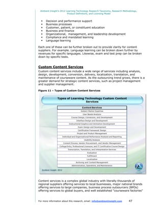 Ambient Insight's 2012 Learning Technology Research Taxonomy, Research Methodology,
                         Product Definitions, and Licensing Model


     Decision and performance support
     Business processes
     Customer, patient, or constituent education
     Business and finance
     Organizational, management, and leadership development
     Compliance and mandated learning
     Language learning

Each one of these can be further broken out to provide clarity for content
suppliers. For example. Language learning can be broken down further by
revenues for specific languages. Likewise, exam and test prep can be broken
down by specific tests.


Custom Content Services
Custom content services include a wide range of services including analysis,
design, development, conversion, delivery, localization, translation, and
maintenance of courseware content. As the outsourcing trend grows, there is a
greater demand for strategic content services, such as project management
and supplier management.

Figure 11 – Types of Custom Content Services




Content services is a complex global industry with literally thousands of
regional suppliers offering services to local businesses, major national brands
offering services to large companies, business process outsourcers (BPOs)
offering services to global buyers, and well established "courseware factories"


For more information about this research, email: info@ambientinsight.com    47
 