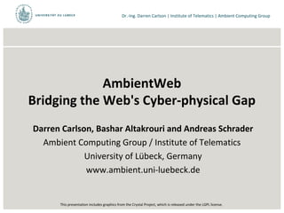 Dr.-Ing. Darren Carlson | Institute of Telematics | Ambient Computing Group
AmbientWeb
Bridging the Web's Cyber-physical Gap
Darren Carlson, Bashar Altakrouri and Andreas Schrader
Ambient Computing Group / Institute of Telematics
University of Lübeck, Germany
www.ambient.uni-luebeck.de
This presentation includes graphics from the Crystal Project, which is released under the LGPL license.
 