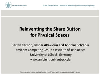 Dr.-Ing. Darren Carlson | Institute of Telematics | Ambient Computing Group
Reinventing the Share Button
for Physical Spaces
Darren Carlson, Bashar Altakrouri and Andreas Schrader
Ambient Computing Group / Institute of Telematics
University of Lübeck, Germany
www.ambient.uni-luebeck.de
This presentation includes graphics from the Crystal Project, which is released under the LGPL license.
 