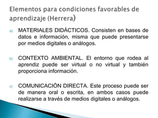 a)   MATERIALES DIDÁCTICOS. Consisten en bases de
     datos e información, misma que puede presentarse
     por medios digitales o análogos.

b)   CONTEXTO AMBIENTAL. El entorno que rodea al
     aprendiz puede ser virtual o no virtual y también
     proporciona información.

c)   COMUNICACIÓN DIRECTA. Este proceso puede ser
     de manera oral o escrita, en ambos casos puede
     realizarse a través de medios digitales o análogos.
 