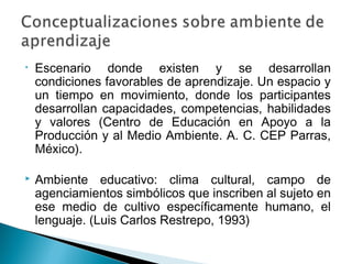 •   Escenario donde existen y se desarrollan
    condiciones favorables de aprendizaje. Un espacio y
    un tiempo en movimiento, donde los participantes
    desarrollan capacidades, competencias, habilidades
    y valores (Centro de Educación en Apoyo a la
    Producción y al Medio Ambiente. A. C. CEP Parras,
    México).

   Ambiente educativo: clima cultural, campo de
    agenciamientos simbólicos que inscriben al sujeto en
    ese medio de cultivo específicamente humano, el
    lenguaje. (Luis Carlos Restrepo, 1993)
 