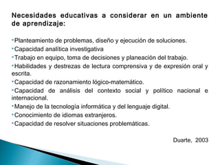 Necesidades educativas a considerar en un ambiente
de aprendizaje:

Planteamiento  de problemas, diseño y ejecución de soluciones.
Capacidad analítica investigativa

Trabajo en equipo, toma de decisiones y planeación del trabajo.

Habilidades y destrezas de lectura comprensiva y de expresión oral y

escrita.
Capacidad de razonamiento lógico-matemático.

Capacidad de análisis del contexto social y político nacional e

internacional.
Manejo de la tecnología informática y del lenguaje digital.

Conocimiento de idiomas extranjeros.

Capacidad de resolver situaciones problemáticas.



                                                        Duarte, 2003
 