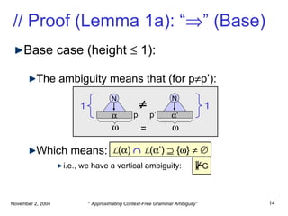 // Proof (Lemma 1a): “  ” (Base) Base case (height    1): The ambiguity means that  (for p  p’) : Which means: i.e., we have a vertical ambiguity: N  ’ 1  N  1   L (  )     L (  ’)    {  }      p p’ = G 